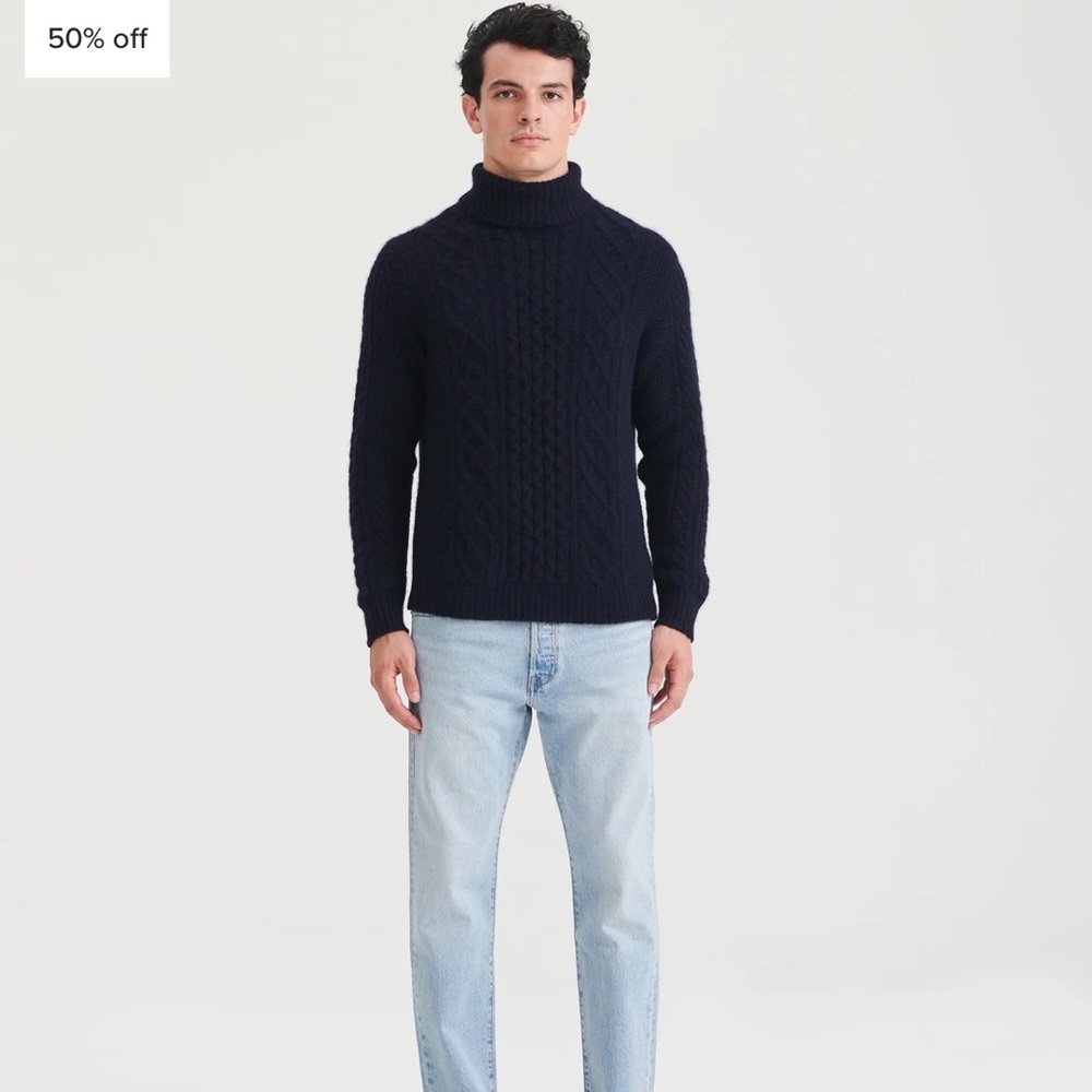 NAADAM Men's Navy Cable Knit Turtleneck Sweater